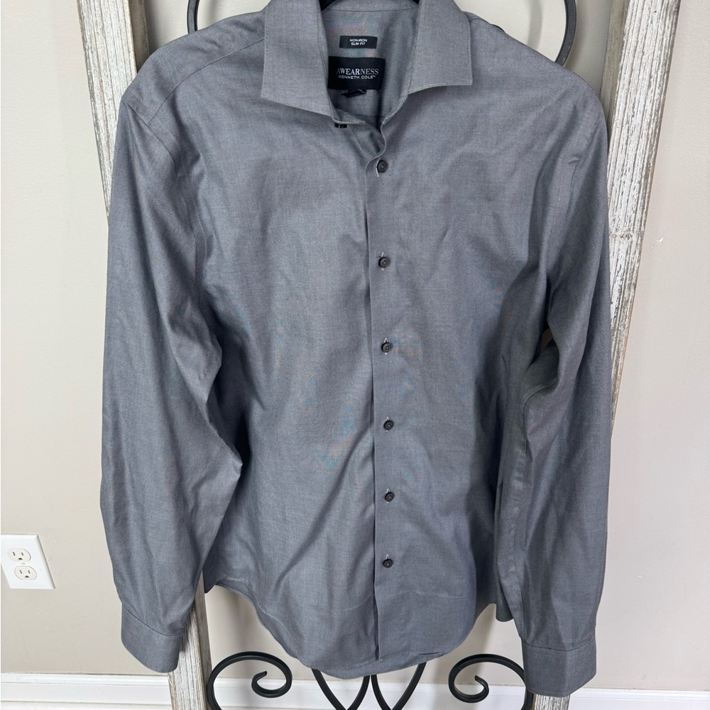 Kenneth Cole Awearness Men's Gray Dress Shirt Slim Fit Non-Iron Size 15.5‎ 34/35